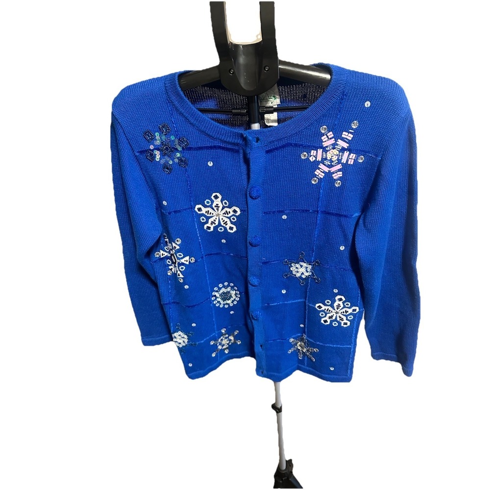 Quacker Factory Blue Snowflake Embroidery‎ Christmas Sweater Buttons Size Small